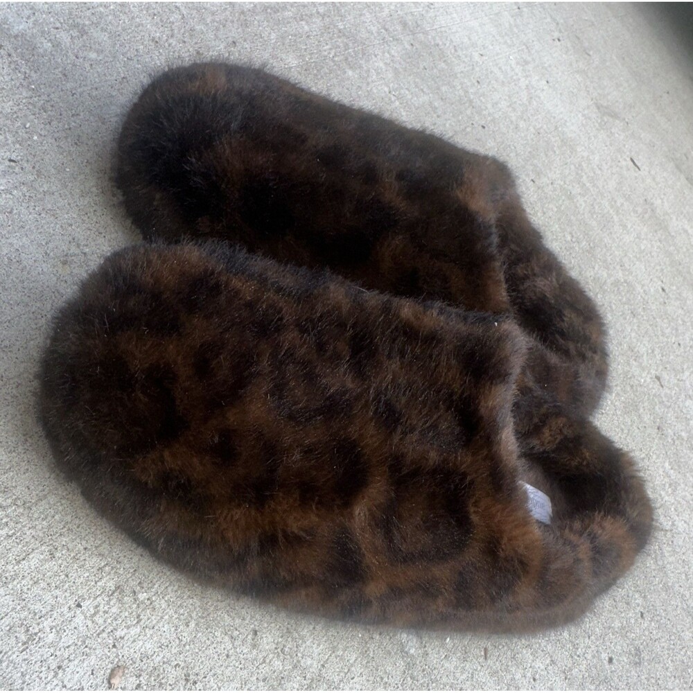Auden Women’s Faux Fur Leopard Print House Slippers Brown Black Size 8 Cozy